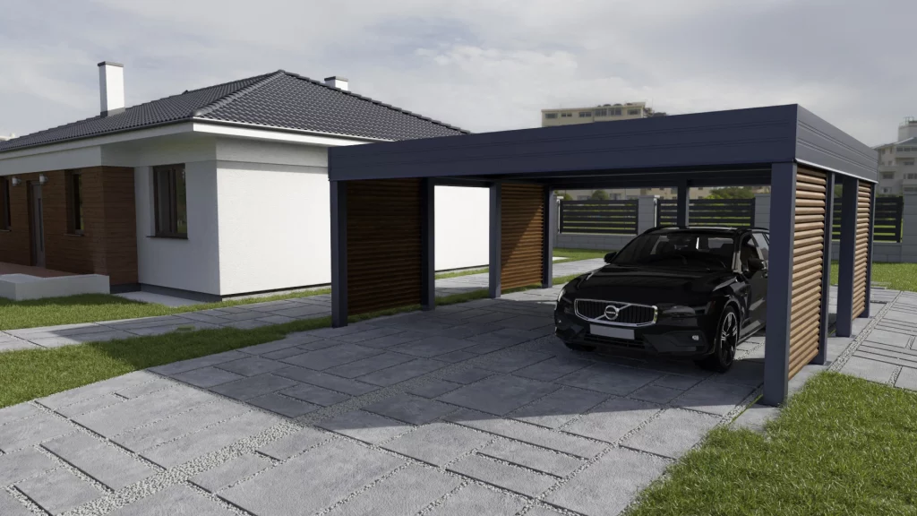 Carport - wiata dwustanowiskowa 6x6 - 4x ścianki żaluzja drewno
