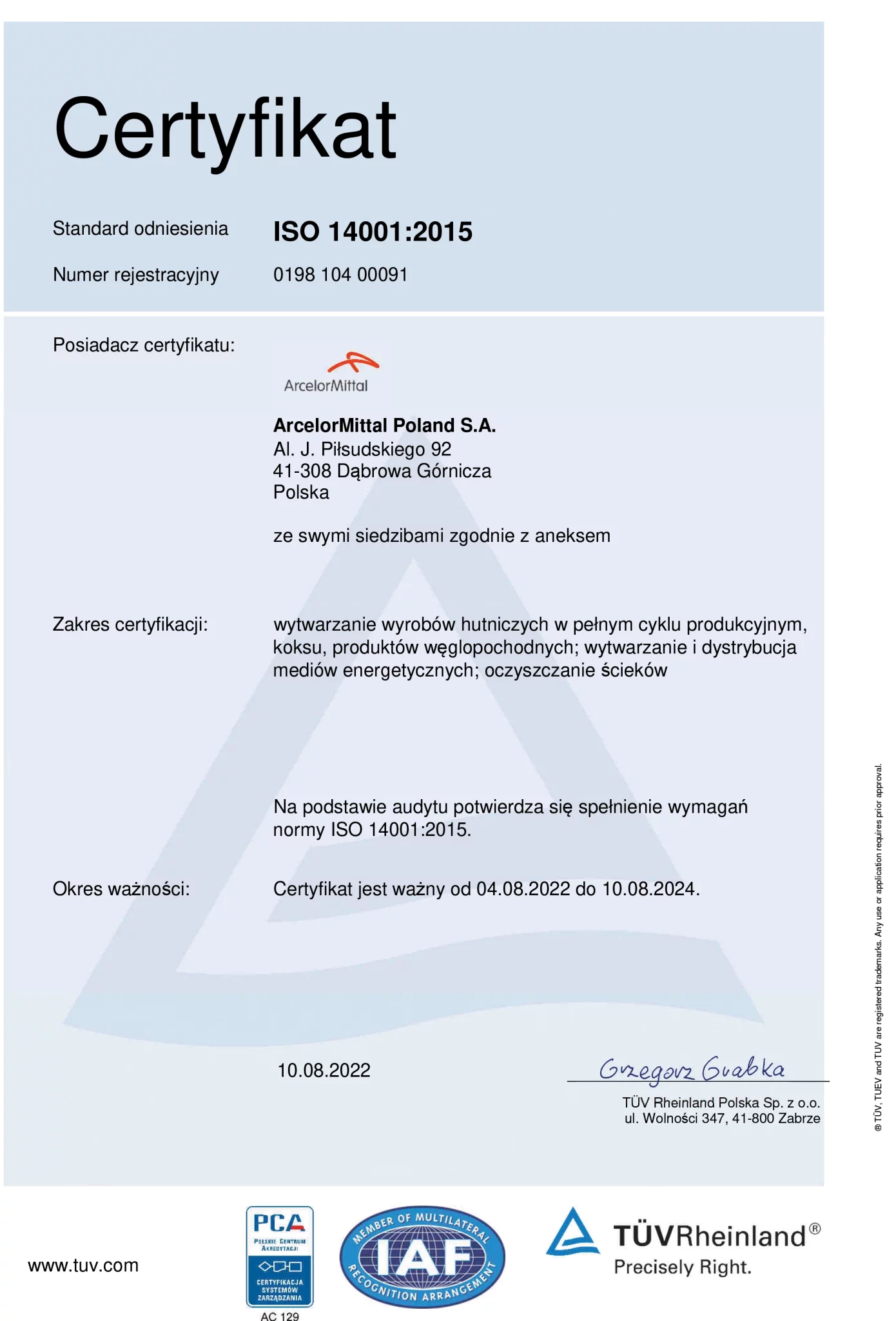 Certyfikat ArcerolMittal ISO 14001-1 webp