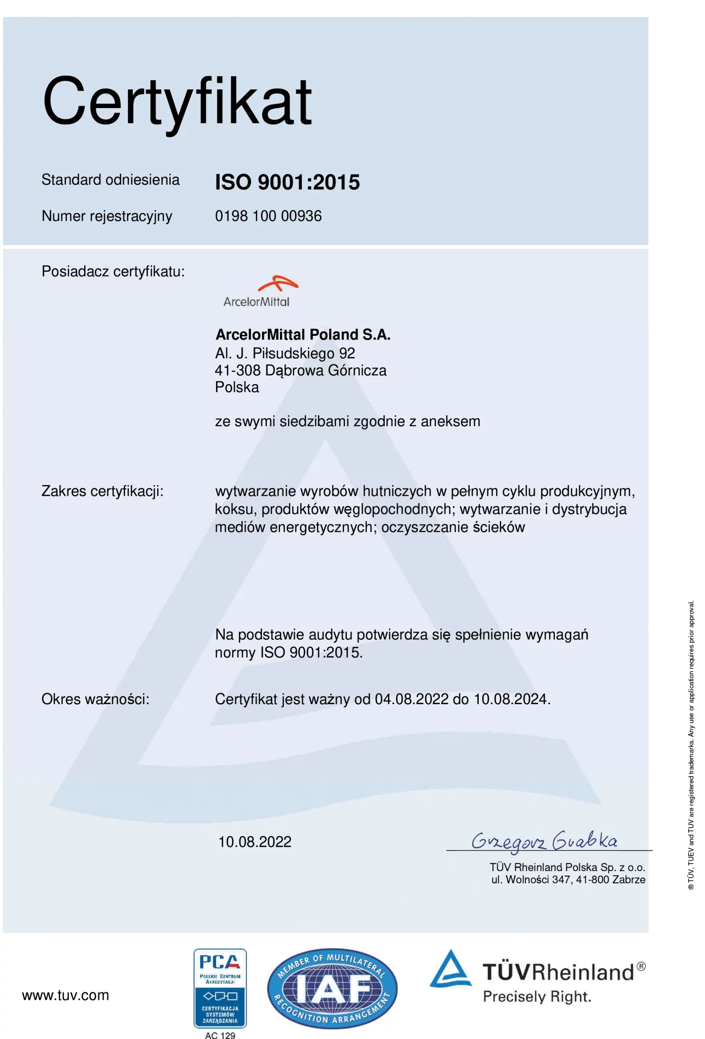 Certyfikat ArcerolMittal ISO 9001-1 webp