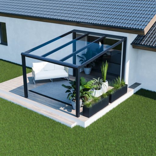 Taras w wersji minimalistycznej - 3 m, szklany dach bez wypełnień bocznych.
