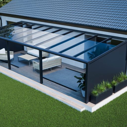 Taras 10 m ze szklanym dachem i aluminiową ścianką boczną.