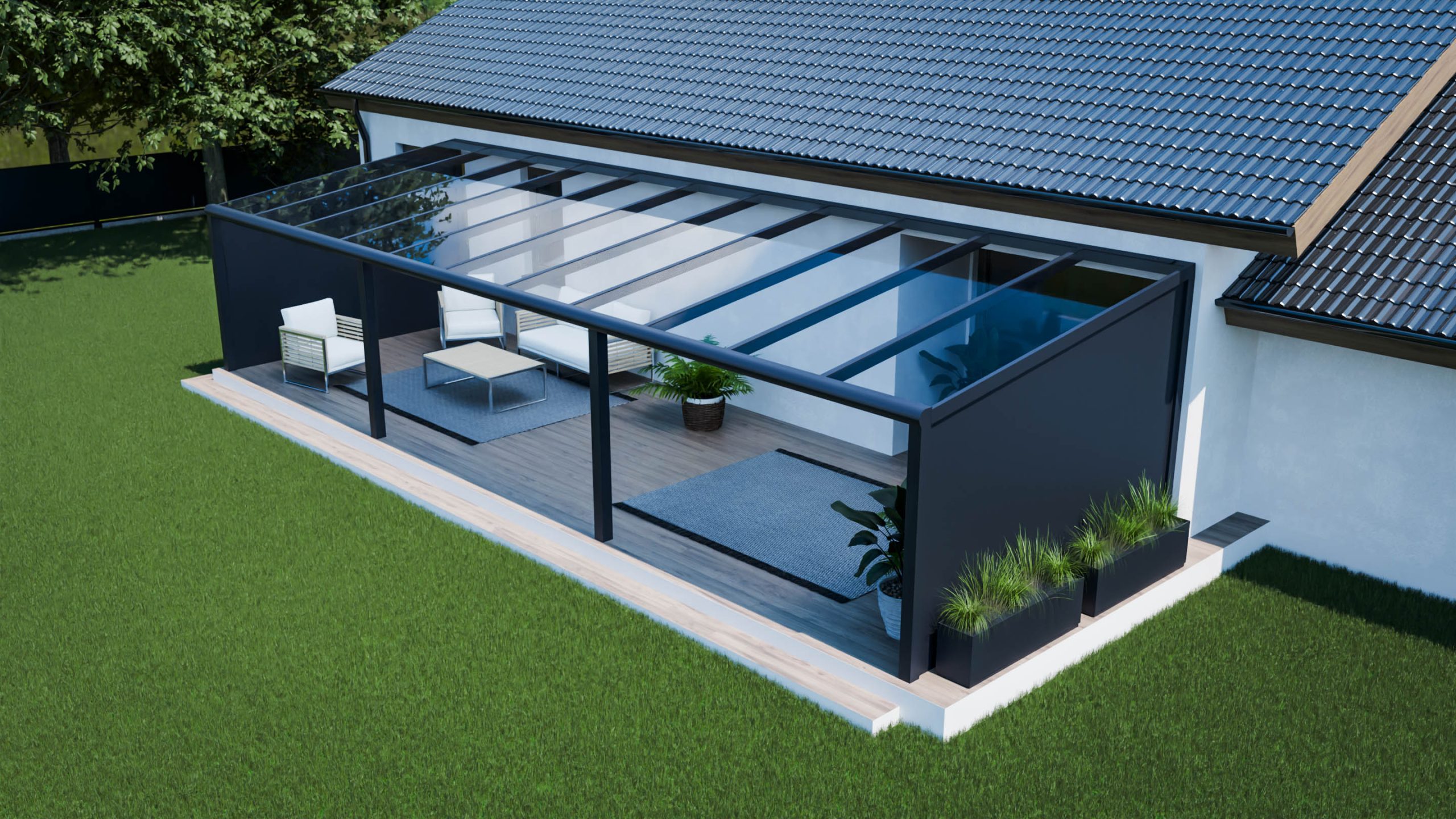 Taras ogrodowy 11 m ze szklanym dachem i zabudową aluminiową