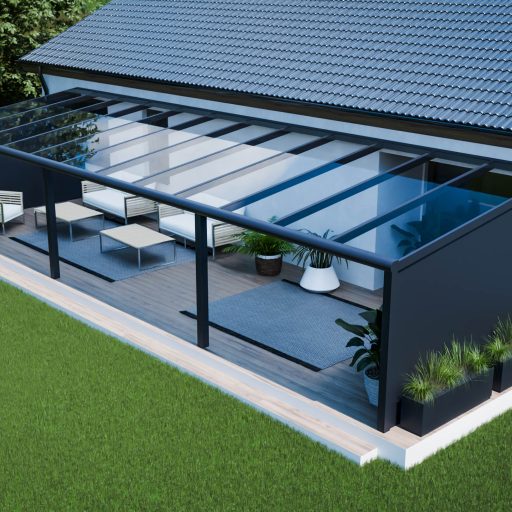 Taras 12 m ze szklanym dachem i aluminiową ścianką boczną