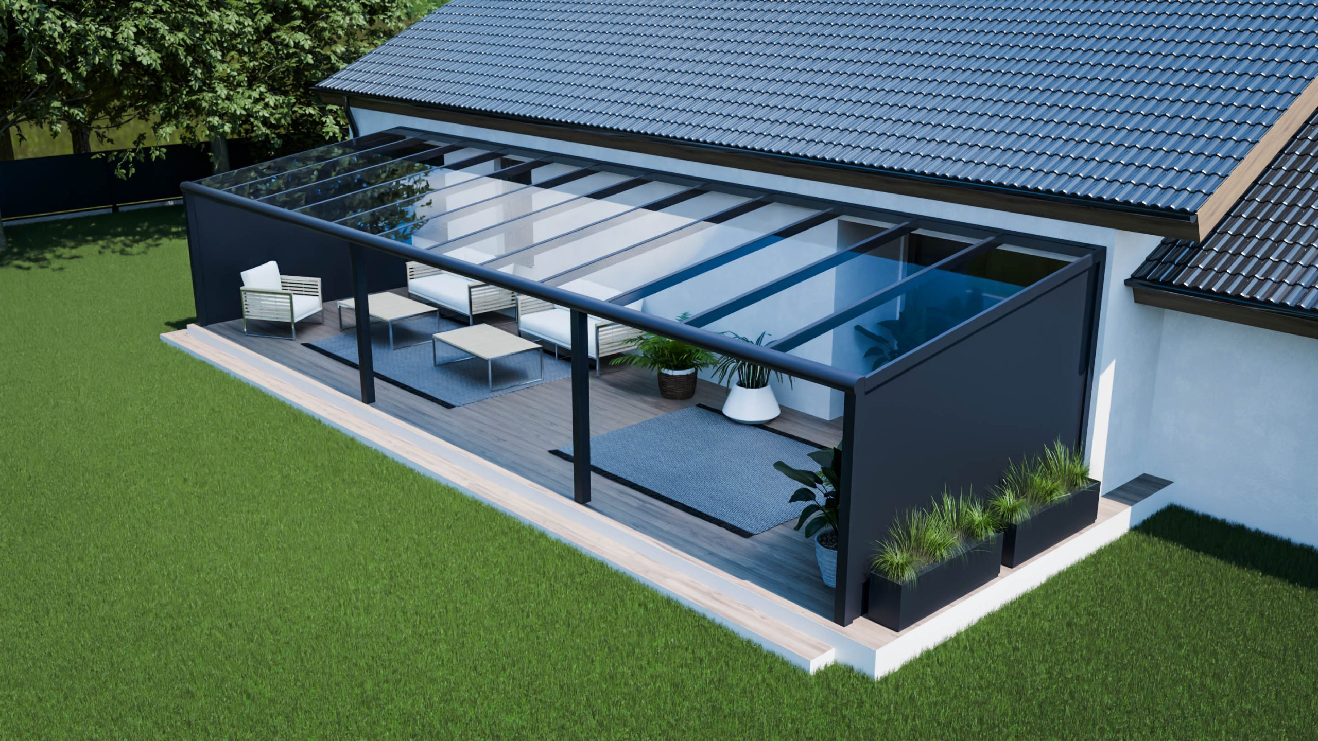 Taras 12 m ze szklanym dachem i aluminiową ścianką boczną