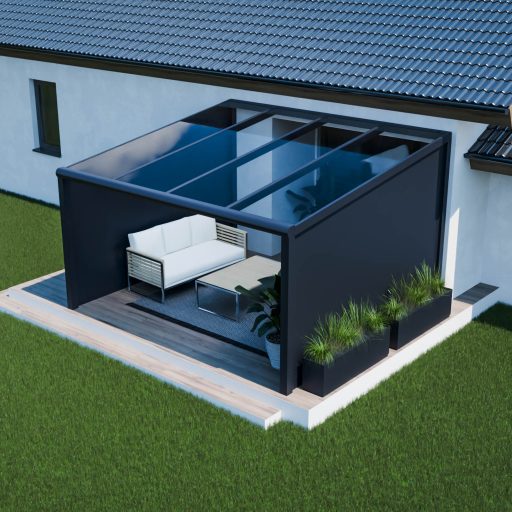 Taras 4 m ze szklanym dachem i aluminiową ścianką boczną.