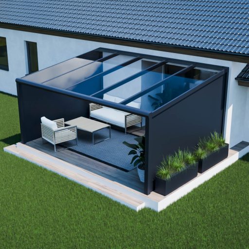Taras ogrodowy 5 m ze szklanym dachem i aluminiową zabudową boczną.