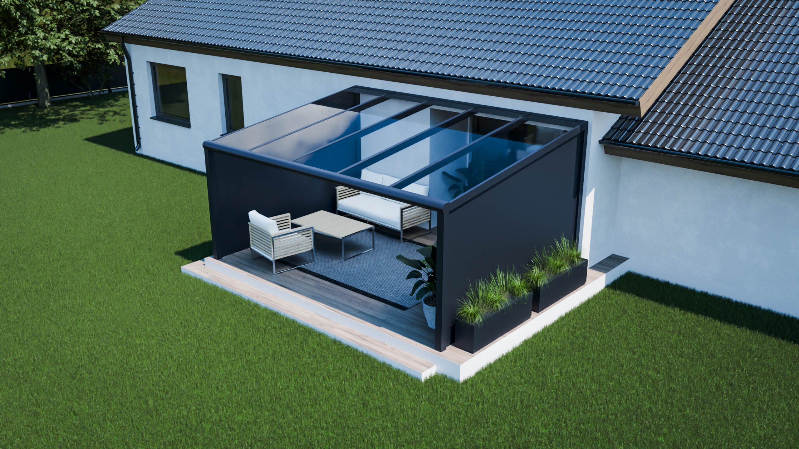 Taras ogrodowy 5 m ze szklanym dachem i aluminiową zabudową boczną.