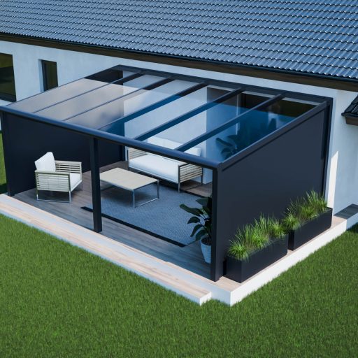 Taras 6 m z aluminiową ścianką boczną i szklanym dachem.