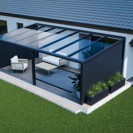 Taras 7 m ze szklanym dachem i aluminiowymi ściankami bocznymi
