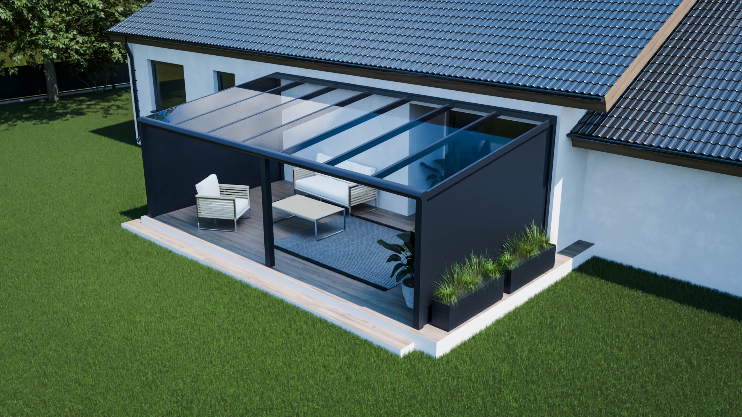 Taras 7 m ze szklanym dachem i aluminiowymi ściankami bocznymi