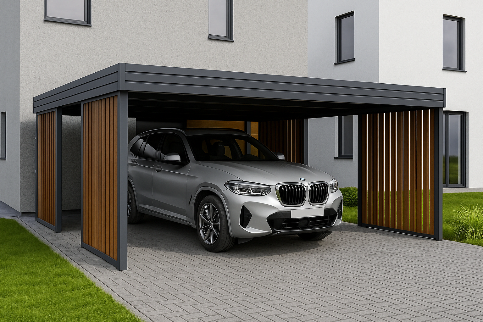 Przydomowy carport stalowy z pionowymi lamelami w kolorze złoty dąb dla dwóch samochodów.